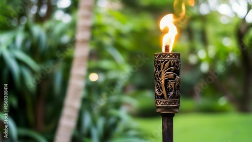 Ornamental torch with flames in a garden setting.