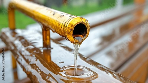 Water dripping from a golden pipe onto a wooden surface
