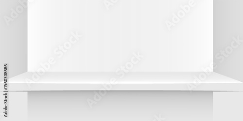 plank table white grey color on wall room background, white gray backdrop, copy space for advertise product display, table plank in front view. vector dynamic room and studio