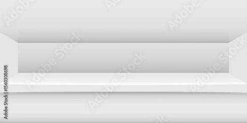 plank table white grey color on wall room background, white gray backdrop, copy space for advertise product display, table plank in front view. vector dynamic room and studio