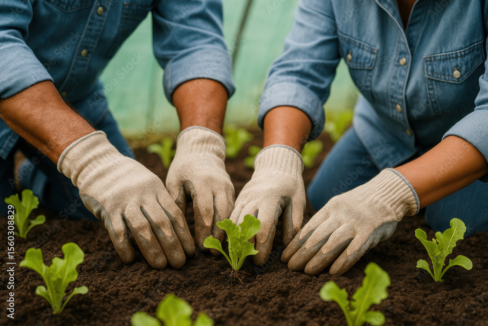 Fototapeta premium Farmers in denim shirts and gloves planting lettuce seedlings together in fertile soil inside a greenhouse for sustainable agriculture