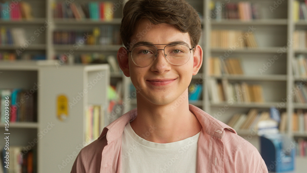 Portrait smiling happy positive Caucasian teen boy student guy male pupil man teenager in glasses looking smile at camera studying learning in school university academy college library education study Portrait smiling happy positive Caucasian teen boy student guy male pupil man teenager in glasses looking smile at camera studying learning in school university academy college library education study