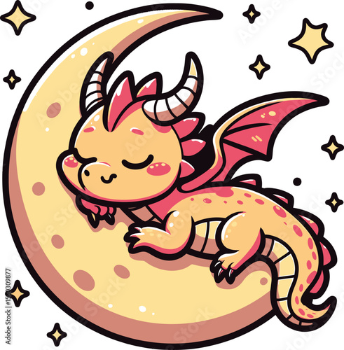 Cute Sleeping Dragon on Crescent Moon