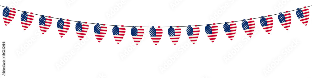 Obraz premium Patriotic American flag hearts on string. Festive independence day decoration.