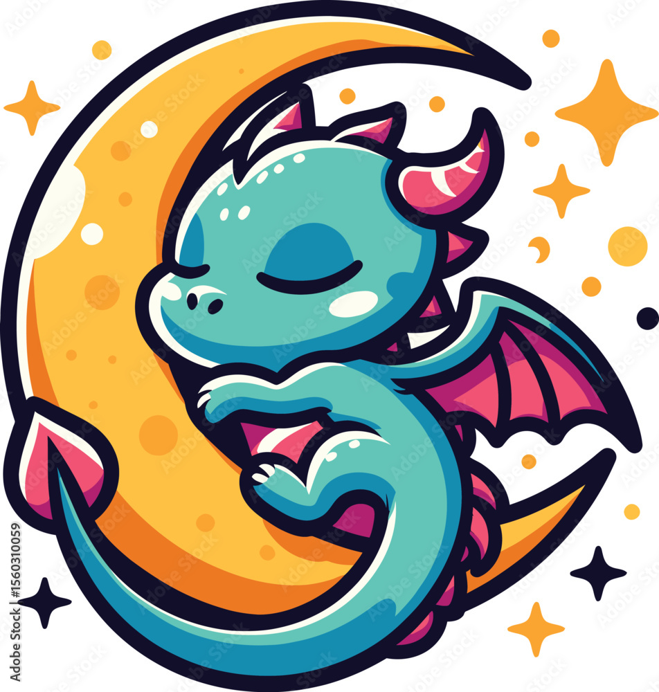 Obraz premium Cute Sleeping Dragon on Crescent Moon 