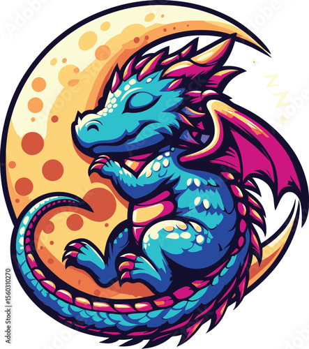 Cute Sleeping Dragon on Crescent Moon