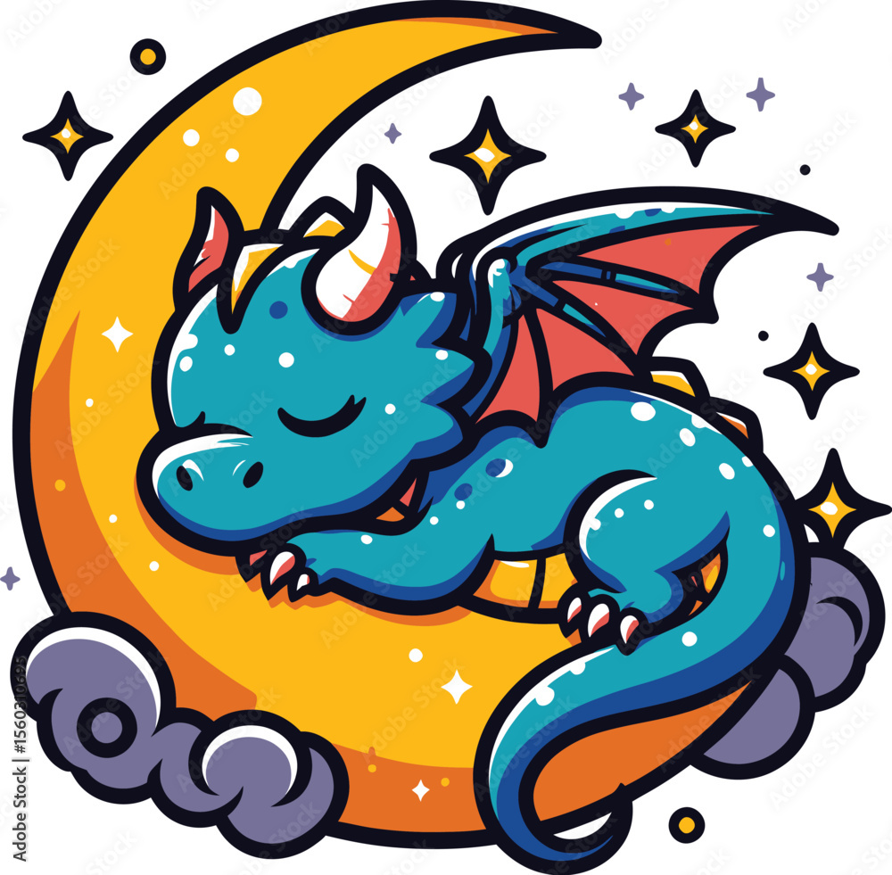 Cute Sleeping Dragon on Crescent Moon Cute Sleeping Dragon on Crescent Moon