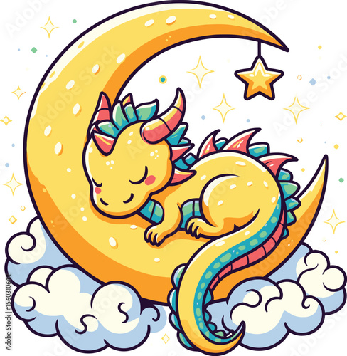 Cute Sleeping Dragon on Crescent Moon