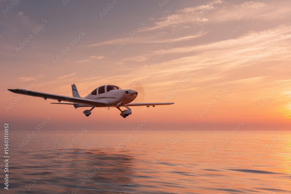 Fototapeta premium light aircraft soaring gracefully against stunning sunset over ocean