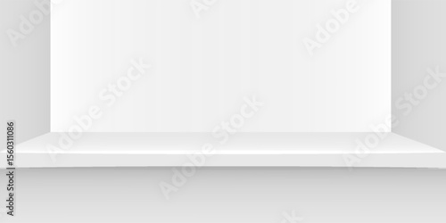 plank table white grey color on wall room background, white gray backdrop, copy space for advertise product display, table plank in front view. vector dynamic room and studio