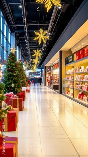 Bright indoor shopping mall corridor decorated with lighted snowflakes and Christmas trees with wrapped gifts for the holiday season