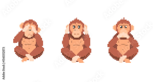 Playful pixel art shows three monkeys with expressive gestures, embodying the "see no evil" theme.