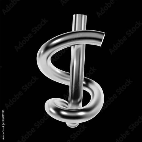 Glossy 3D dollar symbol in chrome reflective metallic style, isolated