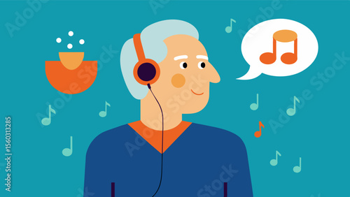 A stroke survivor listening to music from their youth helping them to recall memories and emotions that were previously lost.. Vector illustration
