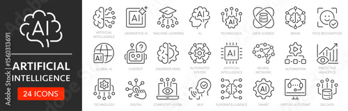Artificial intelligence line icon set. Process automation, data recognition and analysis. AI, machine learning, generative AI, virtual assistant, robotic, brain, chatbot - stock vector.