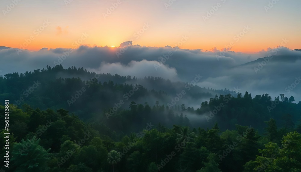 Obraz premium Misty mountain sunrise, sun rays through fog, lush green forest, vertical landscape, wilderness, scenery