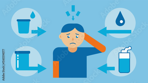 A graphic representation of dehydrationcausing symptoms such as confusion fatigue and headaches with an arrow pointing to the importance of drinking water to prevent and manage. Vector illustration