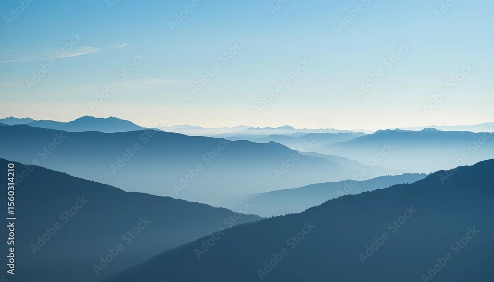 Naklejka premium Misty blue mountain silhouettes in a wide horizontal panorama, design, backdrop