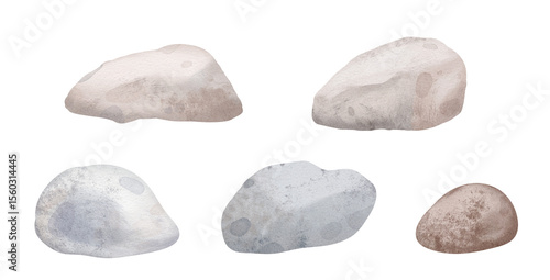 Watercolor set of various natural Stones in soft pastel gray tones. Illustration of Pebbles for underwater landscapes and beach themes. Clipart with Rock on isolated background.