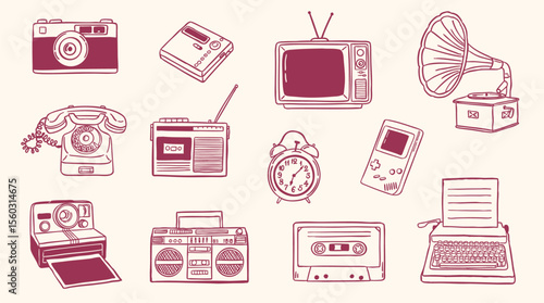 old things - retro doodle hand drawn sketch - vector illustration collection set
