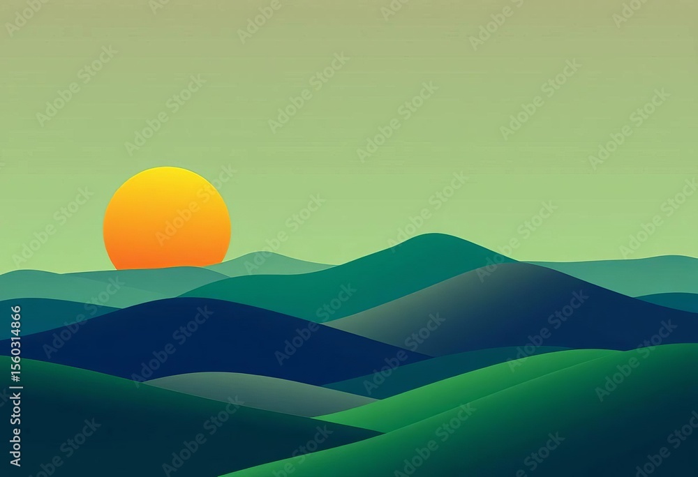 Obraz premium Minimalist green hills, sun, moon, abstract landscape vector illustration for home decor, vector, mountain