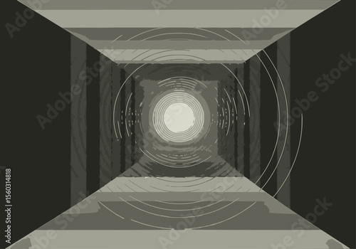 An abstract tunnel of concentric circles and receding rectangular planes in shades of gray, leading to a bright light at the center.