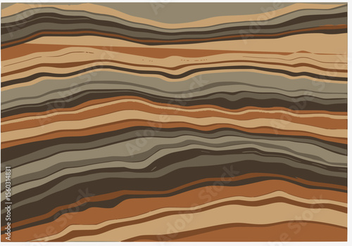 Abstract, vertical wavy layers in earthy tones of brown, beige, and orange, resembling geological strata or wood grain.