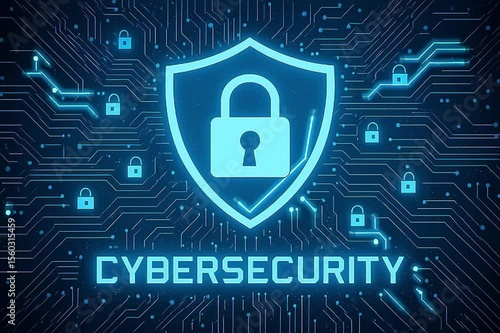 Cybersecurity Shield Icon with Glowing Padlock and Circuit Board Background – Secure Network Protection Visual for Data Privacy, Digital Safety, IT Security, and Cyber Defense Concepts