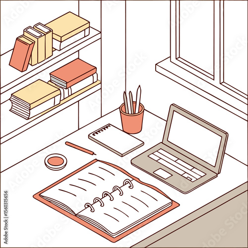 Isometric view of a woman presenting data to two attendees in a room with a large window and plant