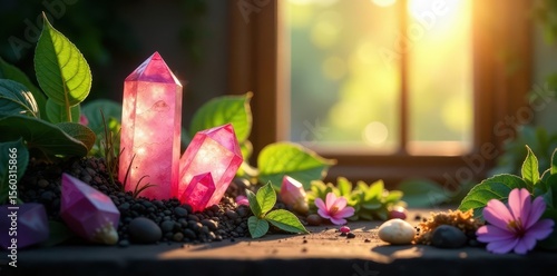 Sunlight streams through window onto crystals & plants, sunlight, vibe