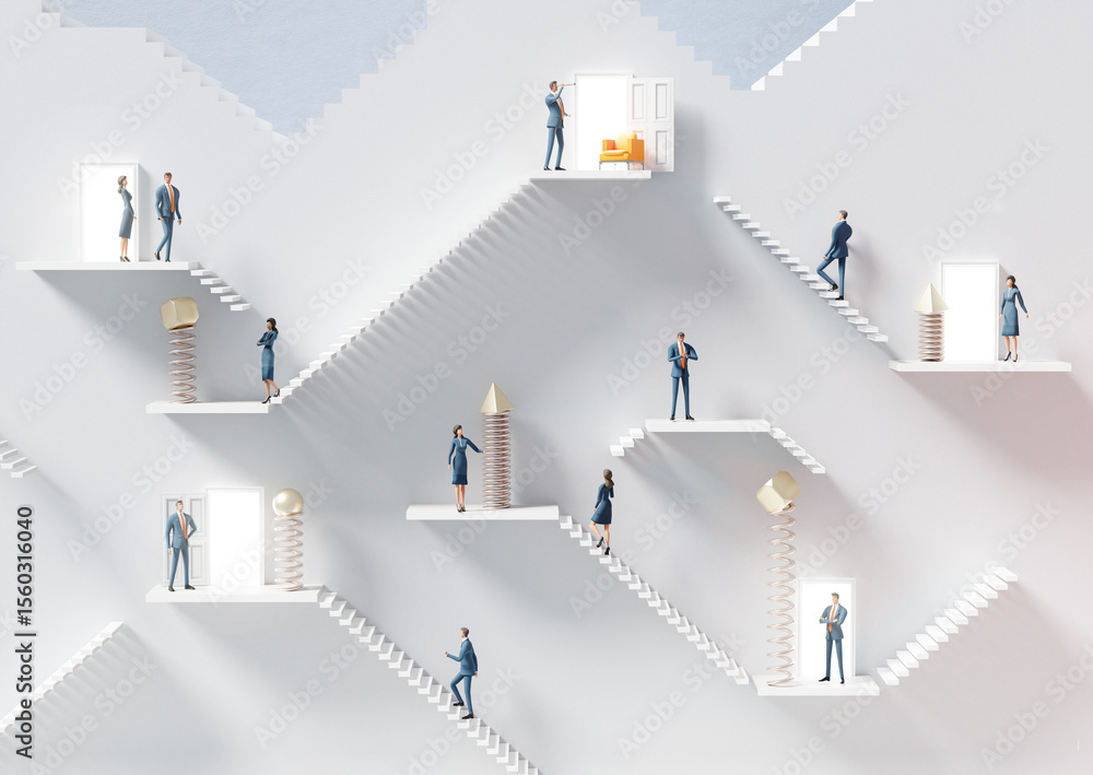 Φωτογραφία Abstract Visualisation of a big company, corporation where business people work together in an abstract environment with white stairs