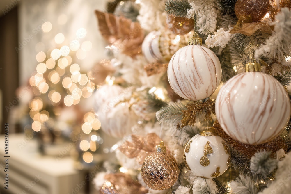 Obraz premium Elegant Christmas tree decor in white, gold, and marble tones in a room with a luxurious holiday aesthetic.