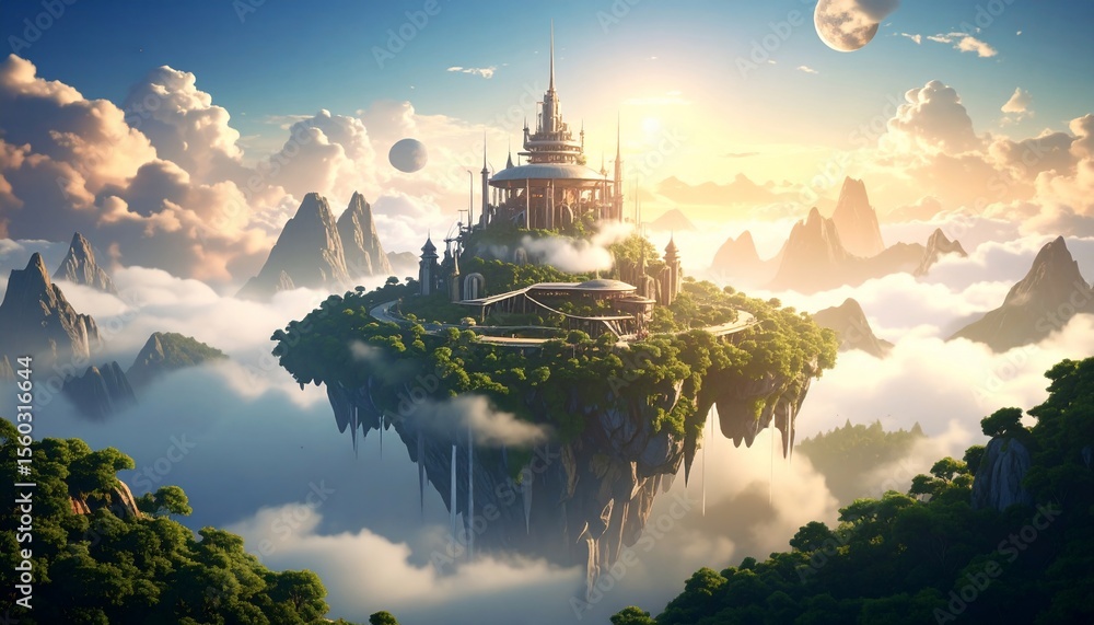 Fototapeta premium Ethereal Skybound Metropolis: A Fantasy Island Castle