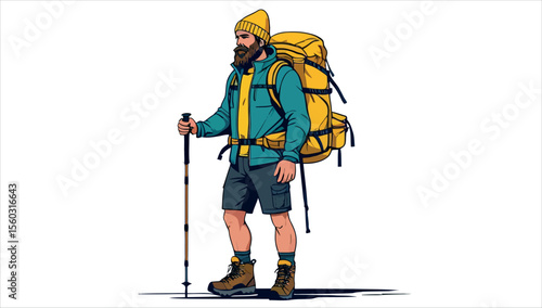 A man with a backpack and walking sticks