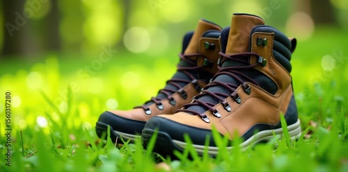 Well-worn hiking boots rest in lush green grass, summer, hiking boots, outdoors