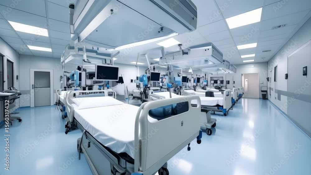 Sterile intensive care unit showing multiple hospital beds with patient monitoring equipment and overhead surgical lights and medical apparatus for patient care Sterile intensive care unit showing multiple hospital beds with patient monitoring equipment and overhead surgical lights and medical apparatus for patient care