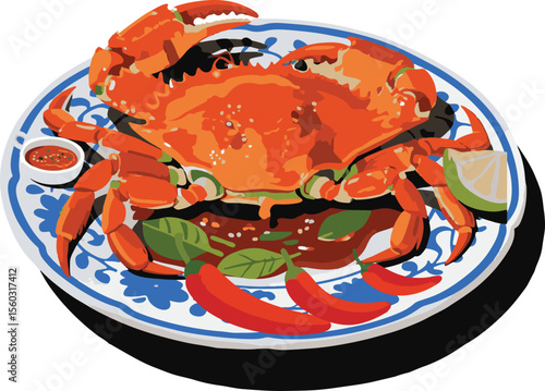 Vibrant cooked crab illustration with detailed textures and seafood elements