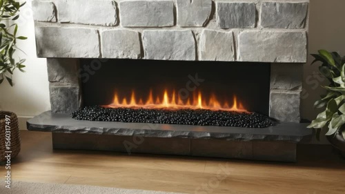 Gray stone fireplace with black pebbles and flames