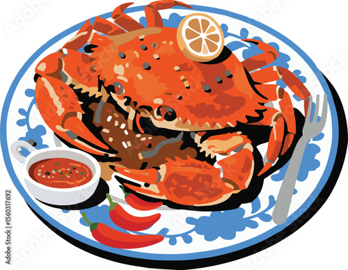 Artistic illustration of a cooked red crab with detailed segments and claws