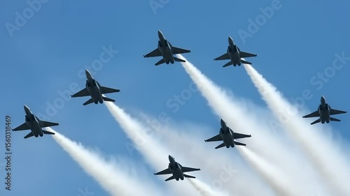 Aerial display of fighter jets performing synchronized maneuvers against a clear blue sky