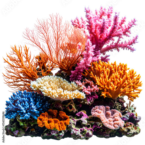 Colorful Coral Reef Cluster with Branching and Tube Shapes, Isolated on Transparent Background