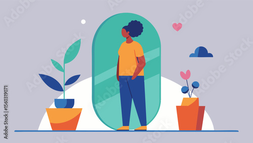 A person standing in front of a mirror saying positive affirmations and practicing selfcompassion as they engage in a mindful selflove exercise to reduce negative selftalk and. Vector illustration