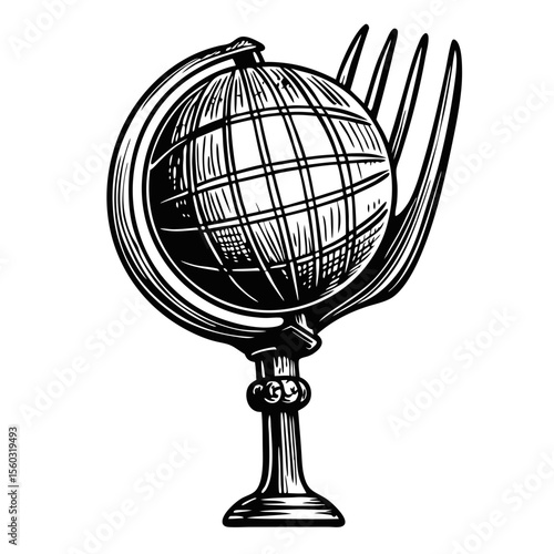 Globe held by fork. Detailed vintage illustration of terrestrial globe cradled in large fork.  Intricate design suitable for creating elegant etching.