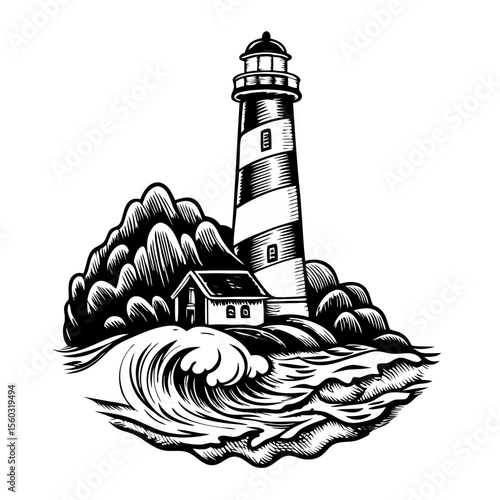Lighthouse by sea graphic design. Coastal lighthouse illustration with crashing waves and keeper's house. Dramatic monochrome lighthouse artwork perfect for nautical themed etching.