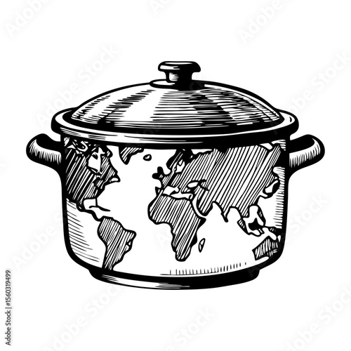 Cooking pot with world map design.  Stylish kitchen utensil featuring global map print.  This unique pot is perfect for culinary illustrations or etching projects.