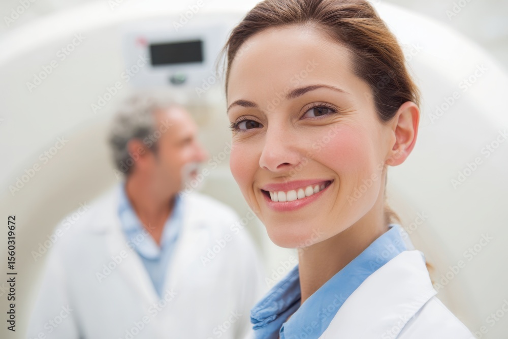 Smiling Female Doctor in Medical Setting with Colleague in Background. Smiling Female Doctor in Medical Setting with Colleague in Background.