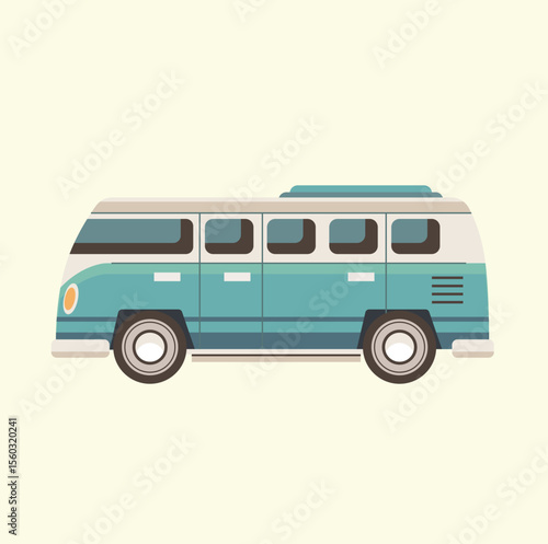 Adventure Journey, Vintage Van, Open Road, Illustration, Retro Environment, Side View, Travel Concept