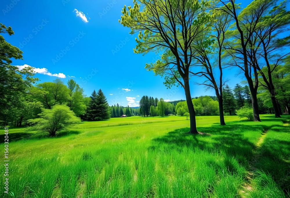 Obraz premium Panoramic view of lush green meadow, tall trees under a vibrant blue sky , design, element