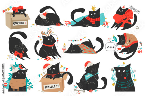 Black Mischievous Cat in Different Life Issues During Christmas