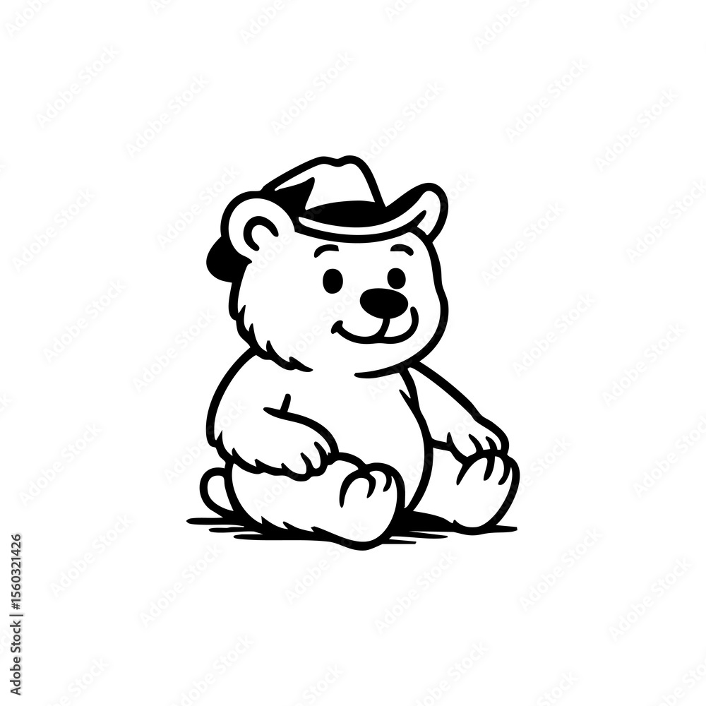 Naklejka premium Cute cartoon bear wearing a cowboy hat, sitting